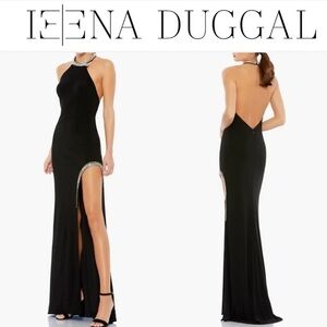 Ieena for Mac Duggal Crystal Halter Jersey Gown in Black sz 2 NWT 358$